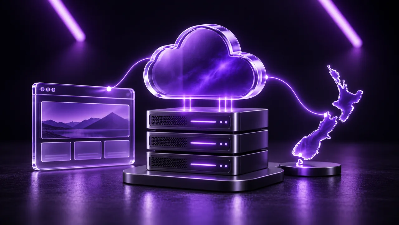 Cloud infrastructure connected to a website and a glass New Zealand silhouette.