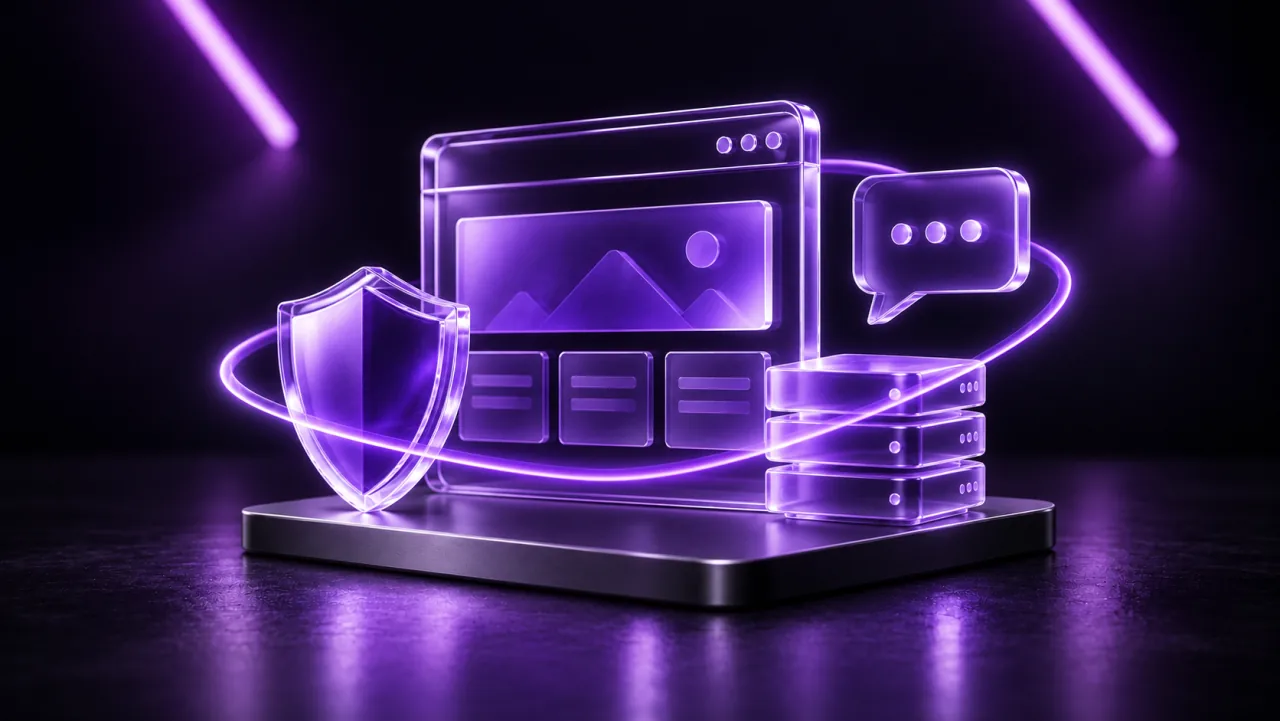 A violet-glass website on a graphite base with small connected tools for support, backups and protection.