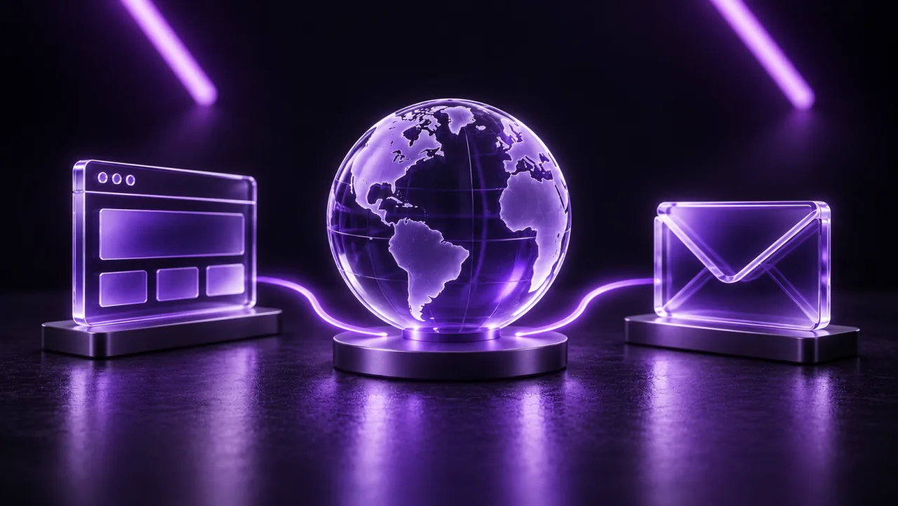 A domain globe connected separately to a website and an email envelope.