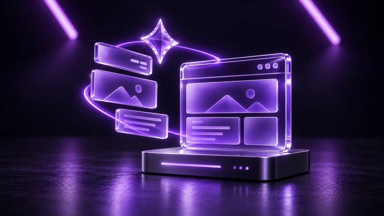 A glass spark assembling a website onto a hosting platform.