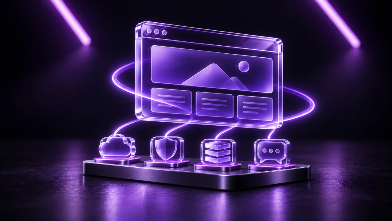 A violet-glass website supported by cloud hosting, a shield, backup tiles and an update message.