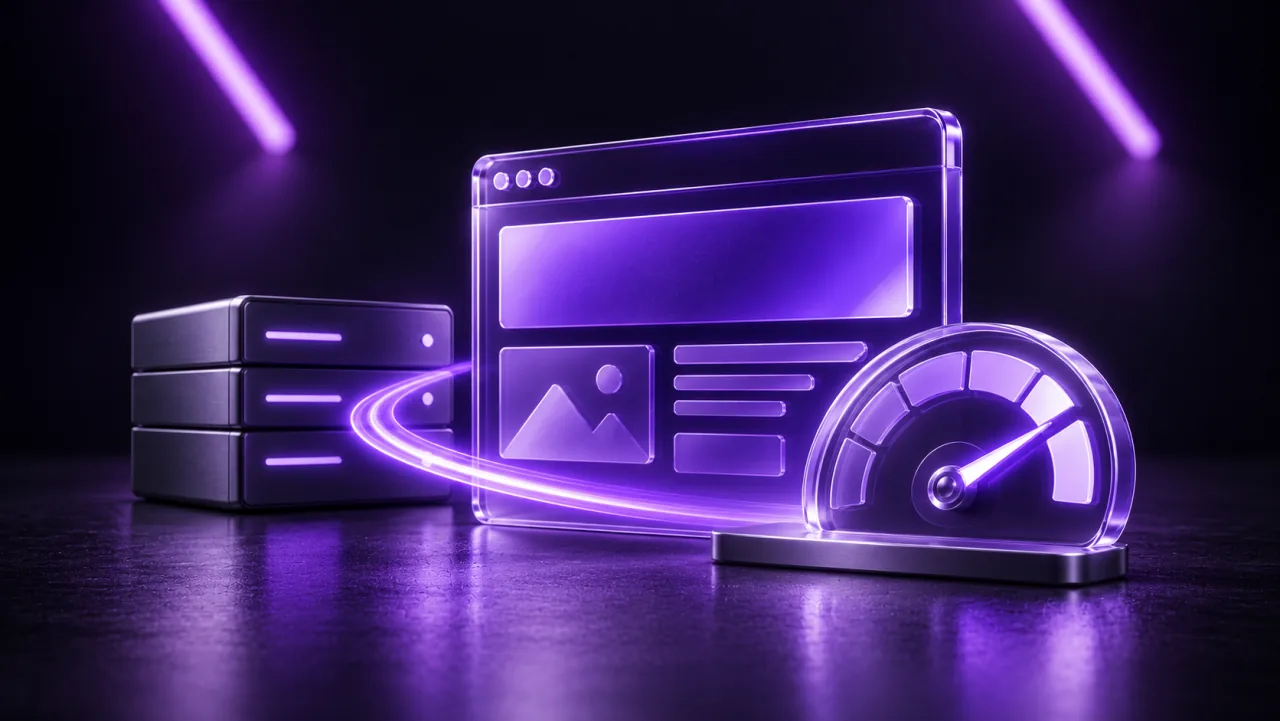 A violet glass website and speed dial connected by a flowing light ribbon.
