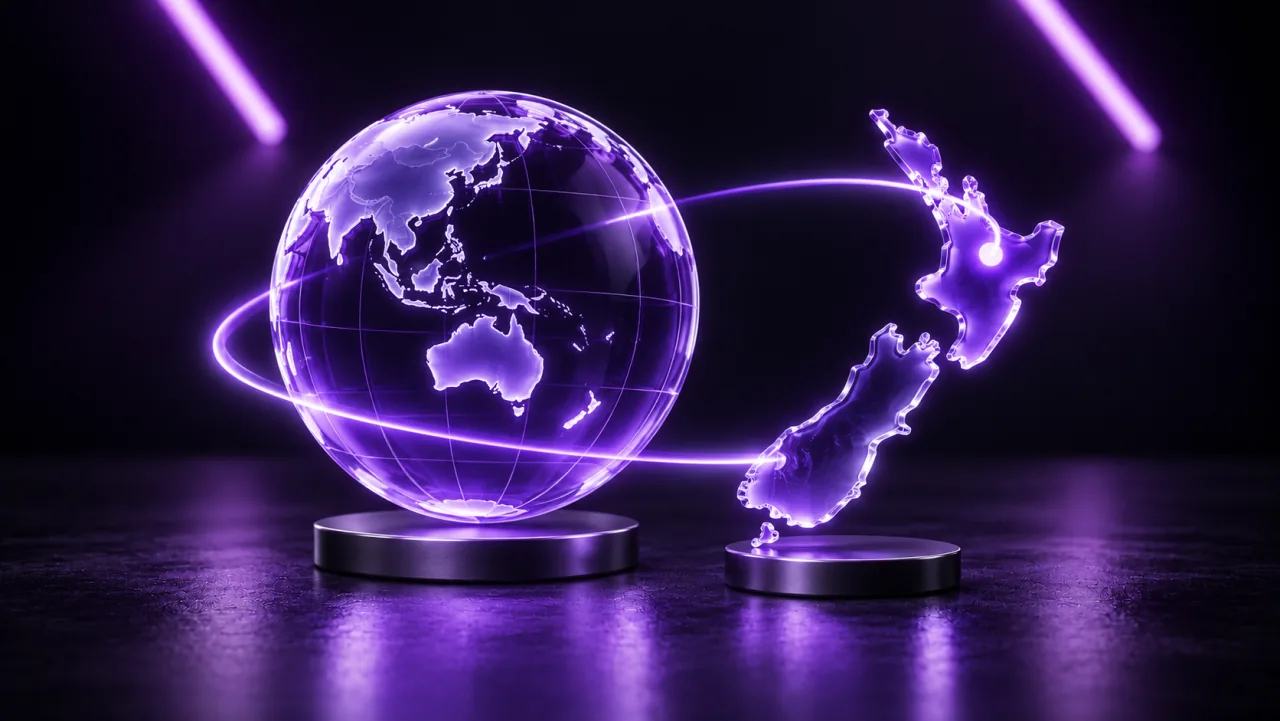 A New Zealand glass silhouette linked to a globe by a violet light arc.