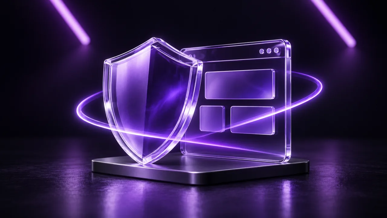 A violet glass shield in front of a website window.
