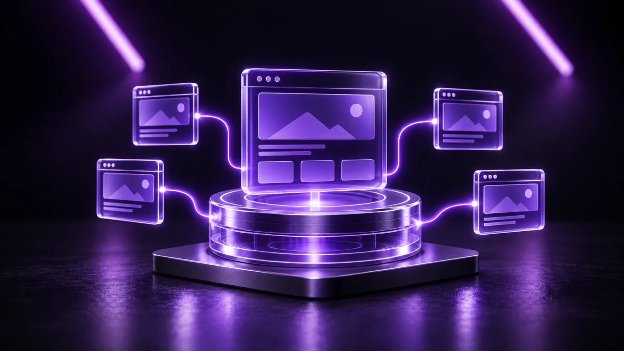 Several purple-glass website cards connected to a shared central hosting platform.