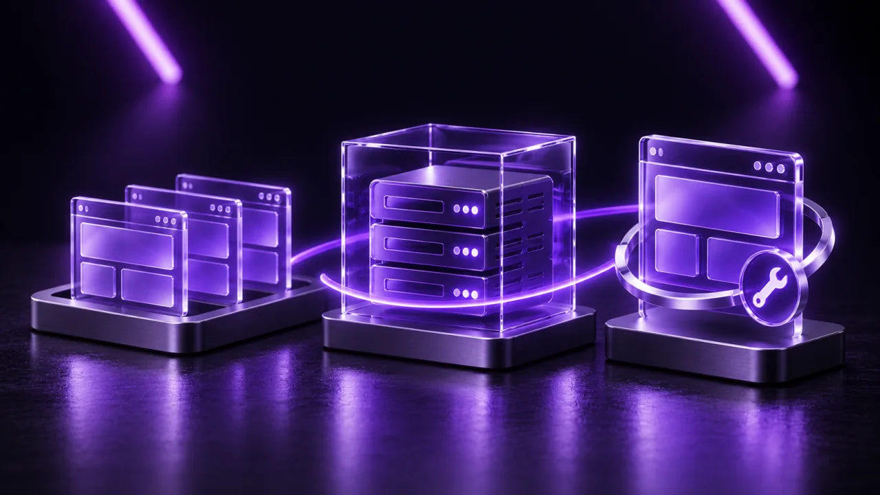 Three sculptural arrangements representing shared, virtual-server and managed hosting.