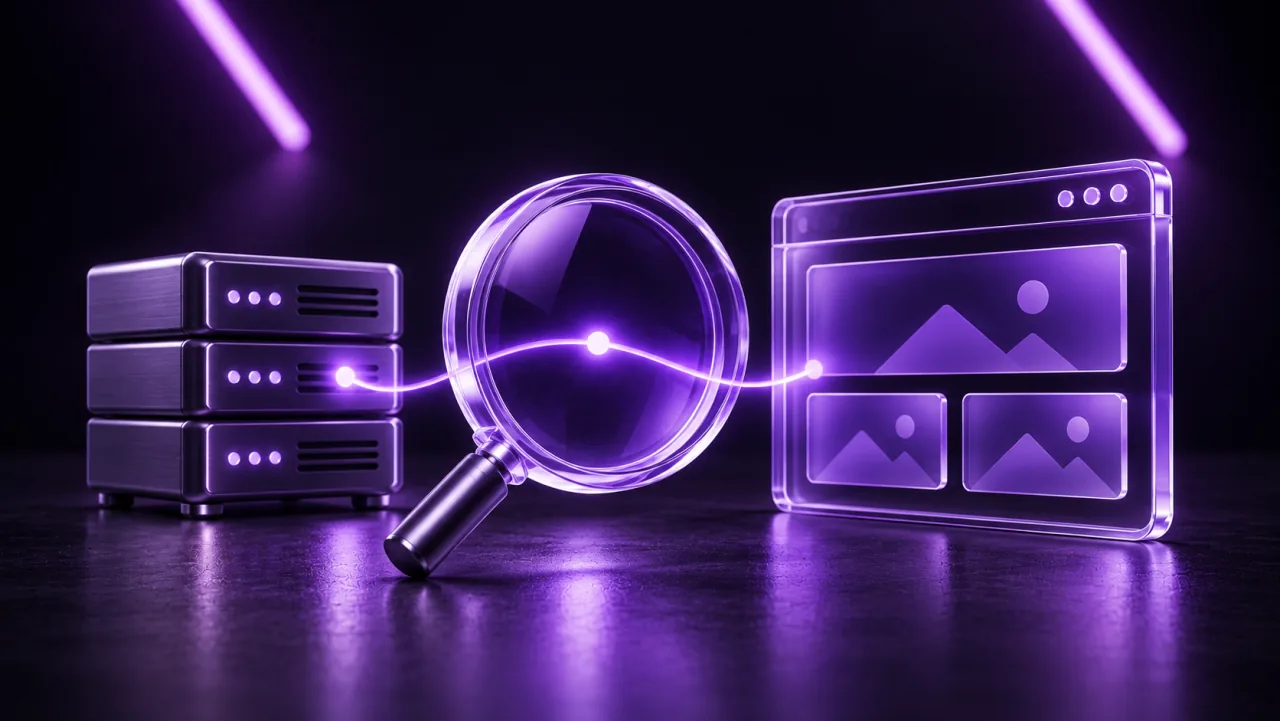 A magnifying glass inspecting the connection between a server and a website.
