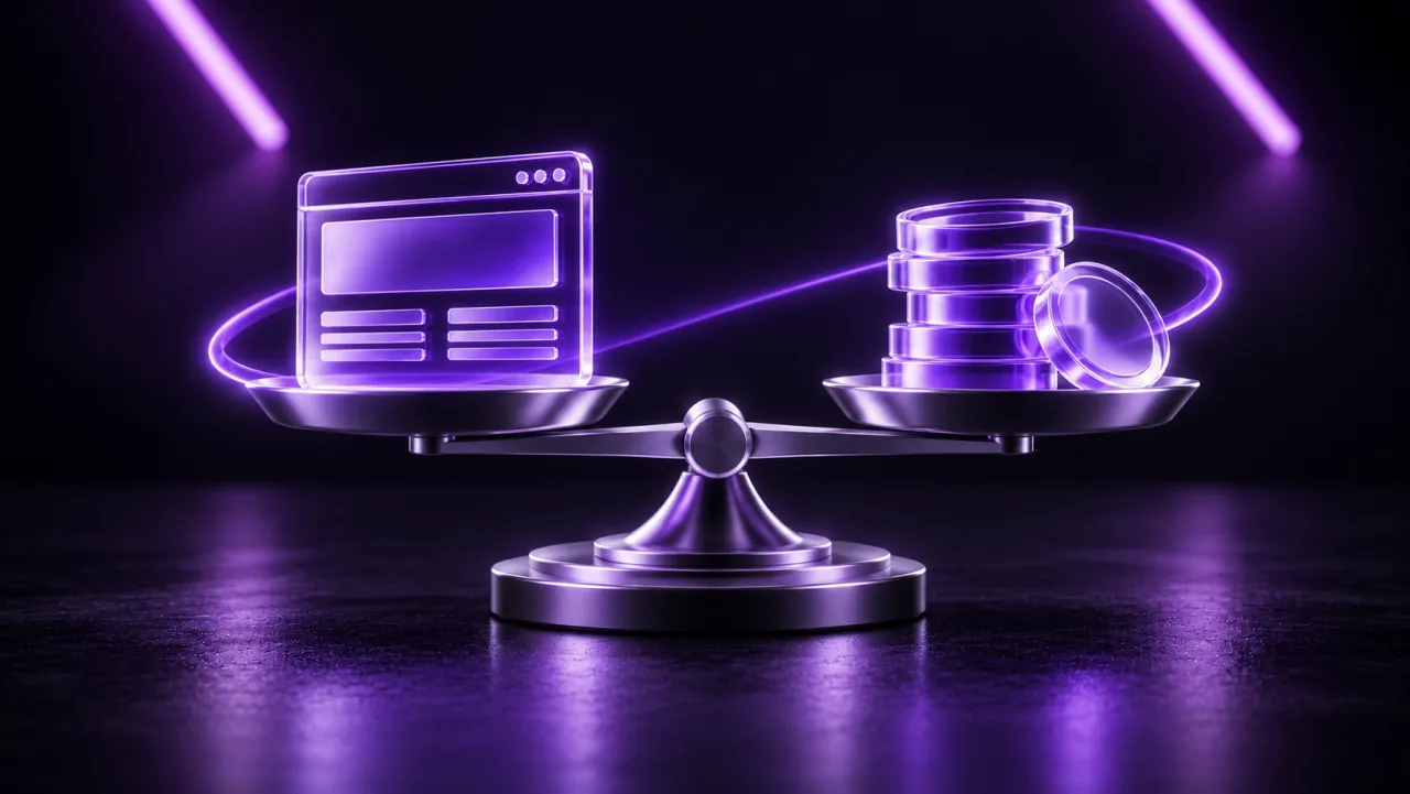 A website and a stack of violet discs balanced on a scale.