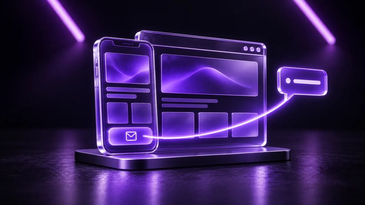 A purple-glass phone and website connected by a clear light path to an enquiry message.