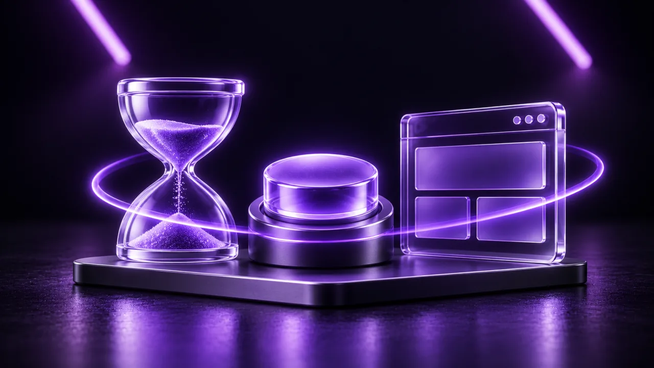 An hourglass, a button and a level website frame representing three parts of website experience.