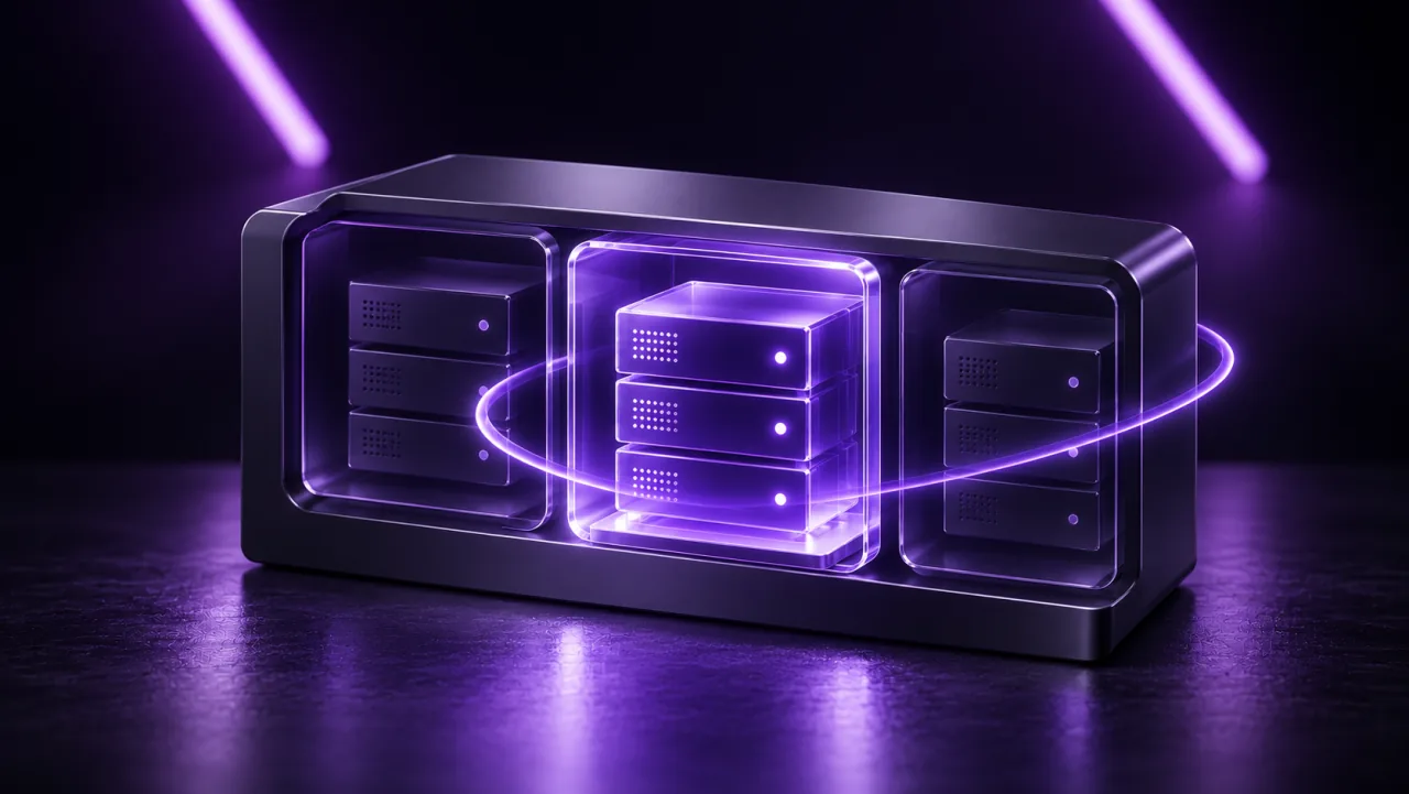 An individual glass server cube in its own compartment inside a larger frame.