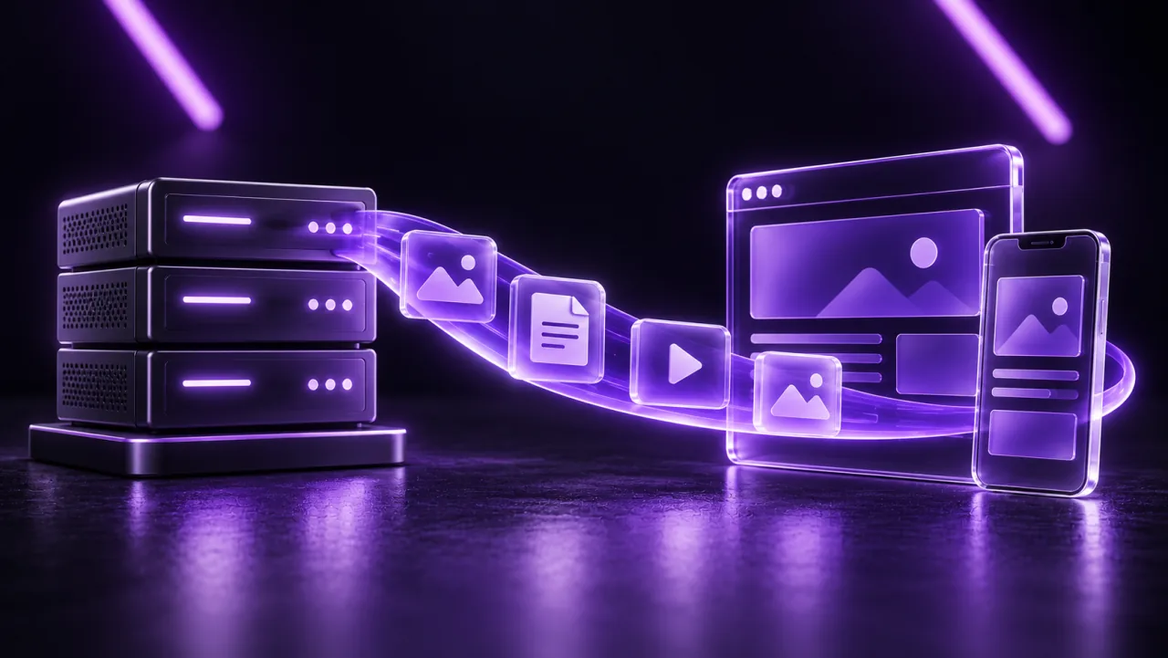 Website files moving along a glass delivery channel towards a phone and website.