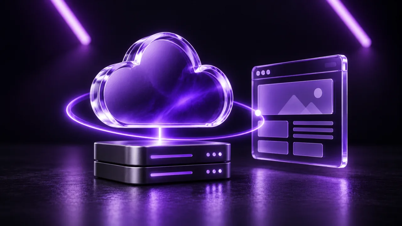 A violet glass cloud connected to a website and hosting base.