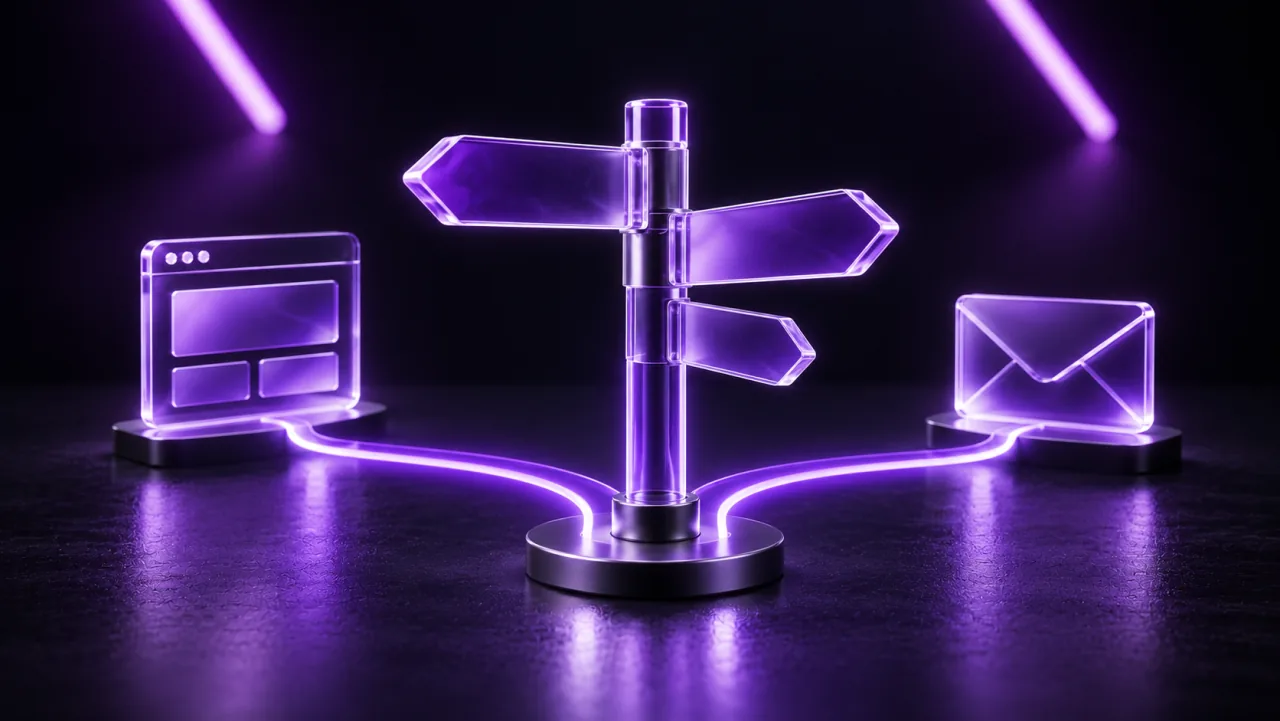 A glass signpost directing separate light paths towards a website and email.